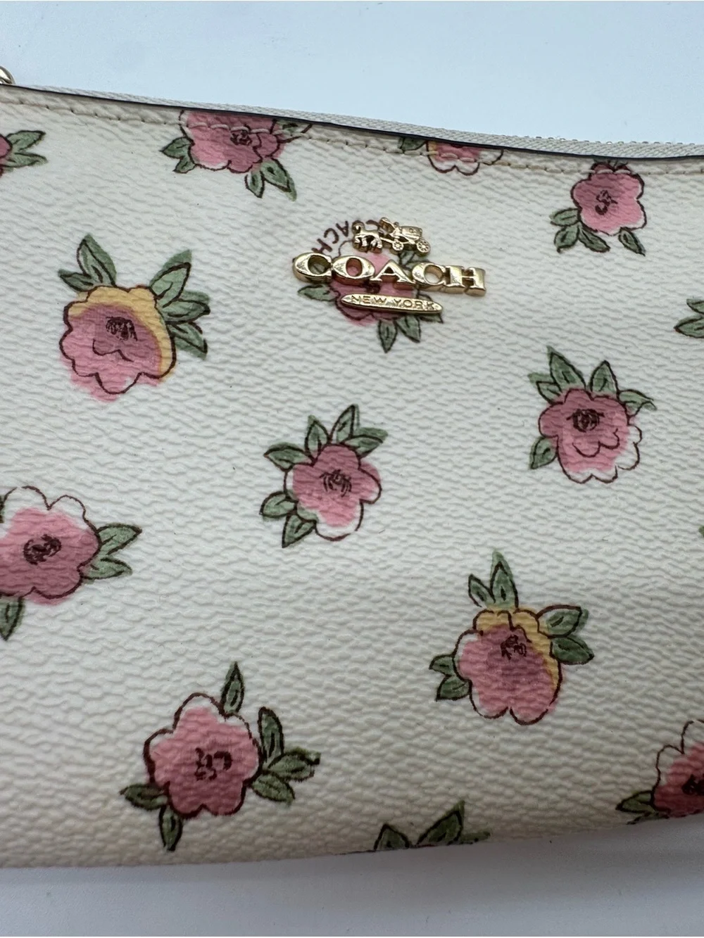 Coach Cream Floral Leather Wristlet with Pink Accents